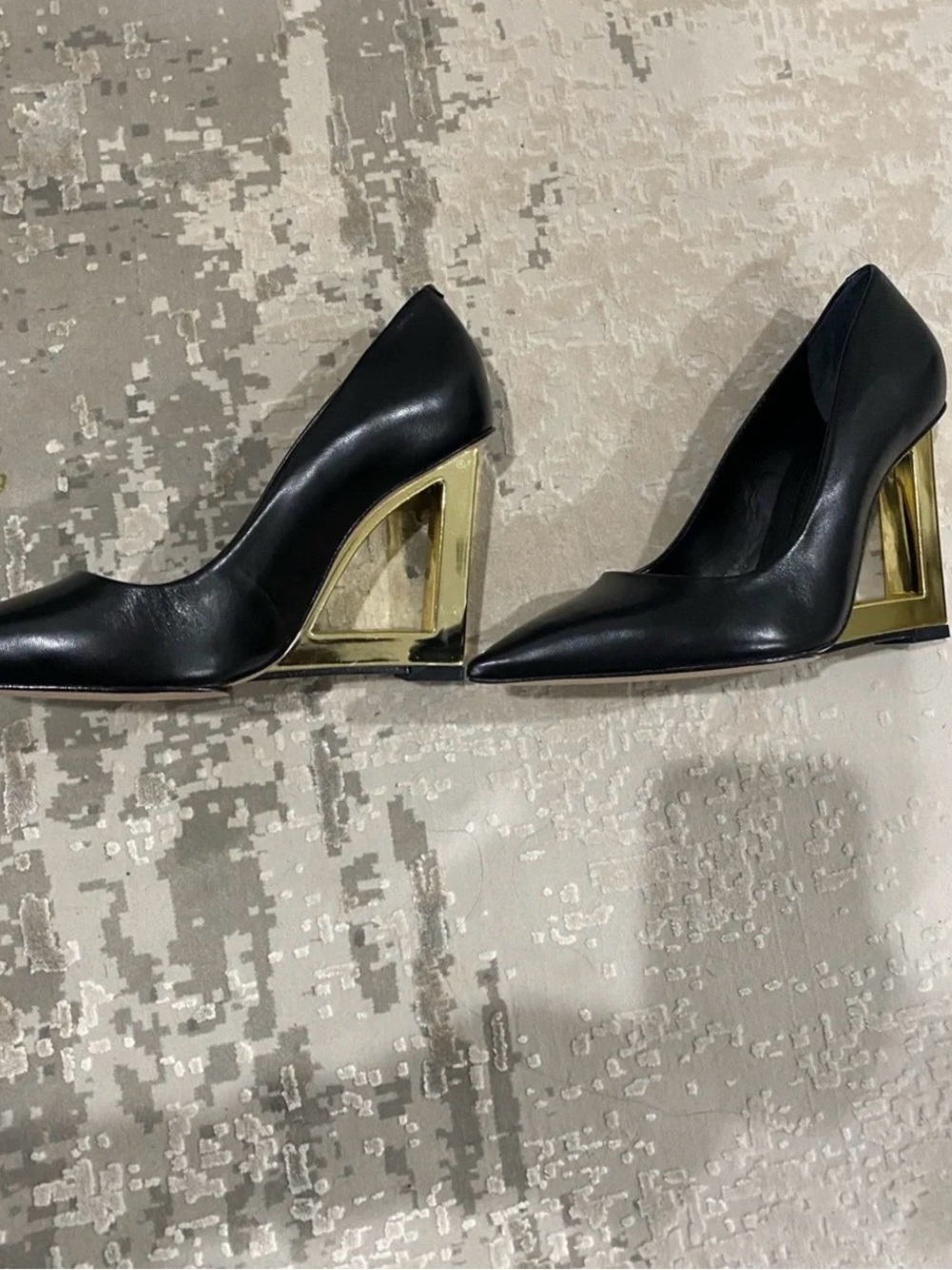 SCHUTZ Black Leather Pointed-Toe Pumps with Gold Geometric Heel - Picture 5 of 9